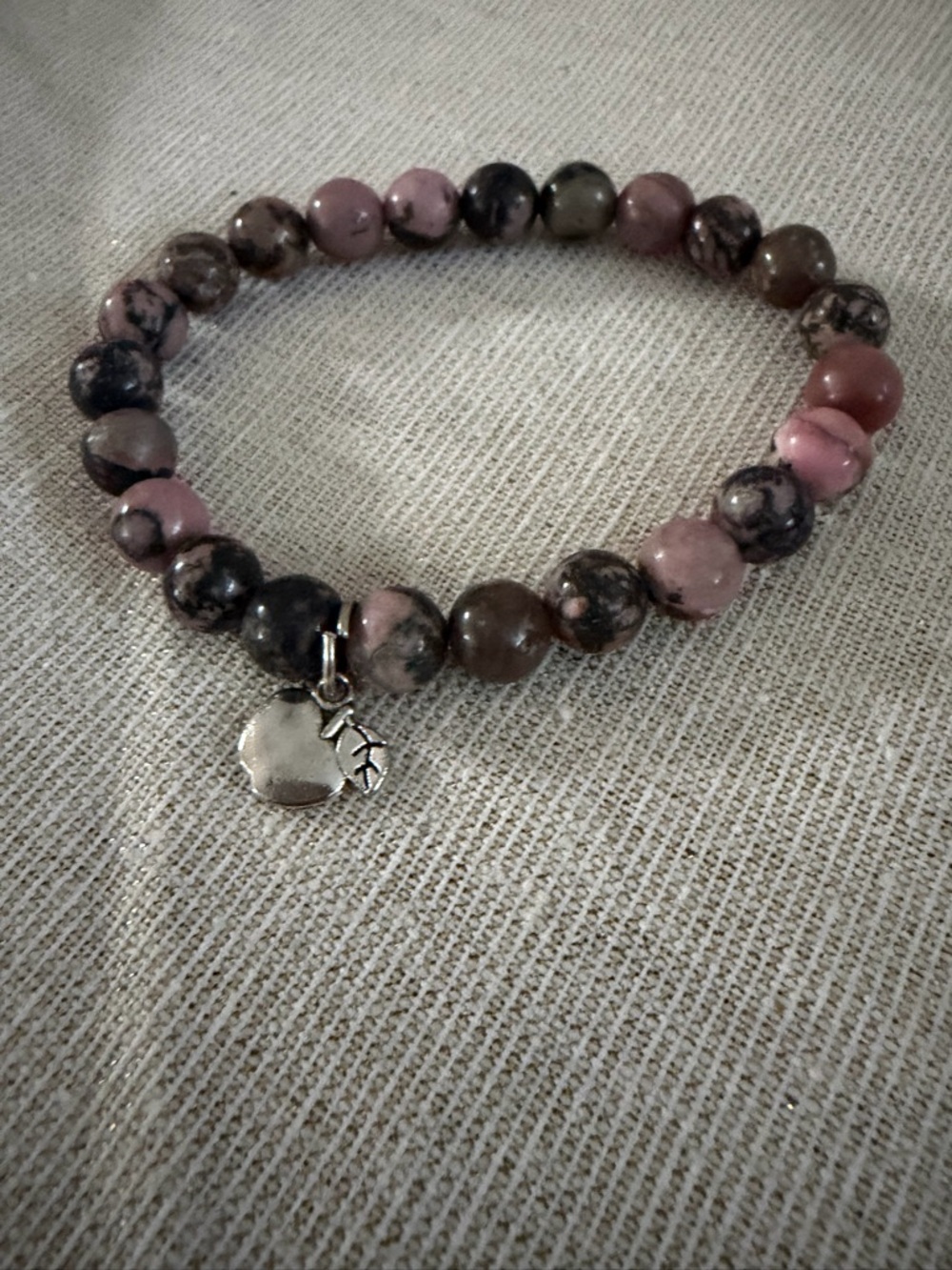Pink Rhodonite Bead Stretch Bracelet with apple Charm